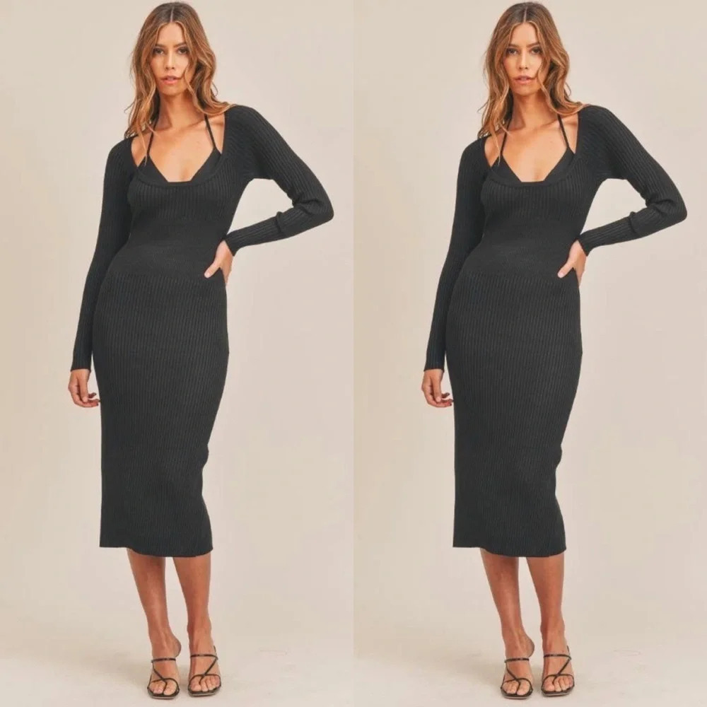 NWT Mable Black Knit Sweater Midi Dress with Inner Bra Set, Large